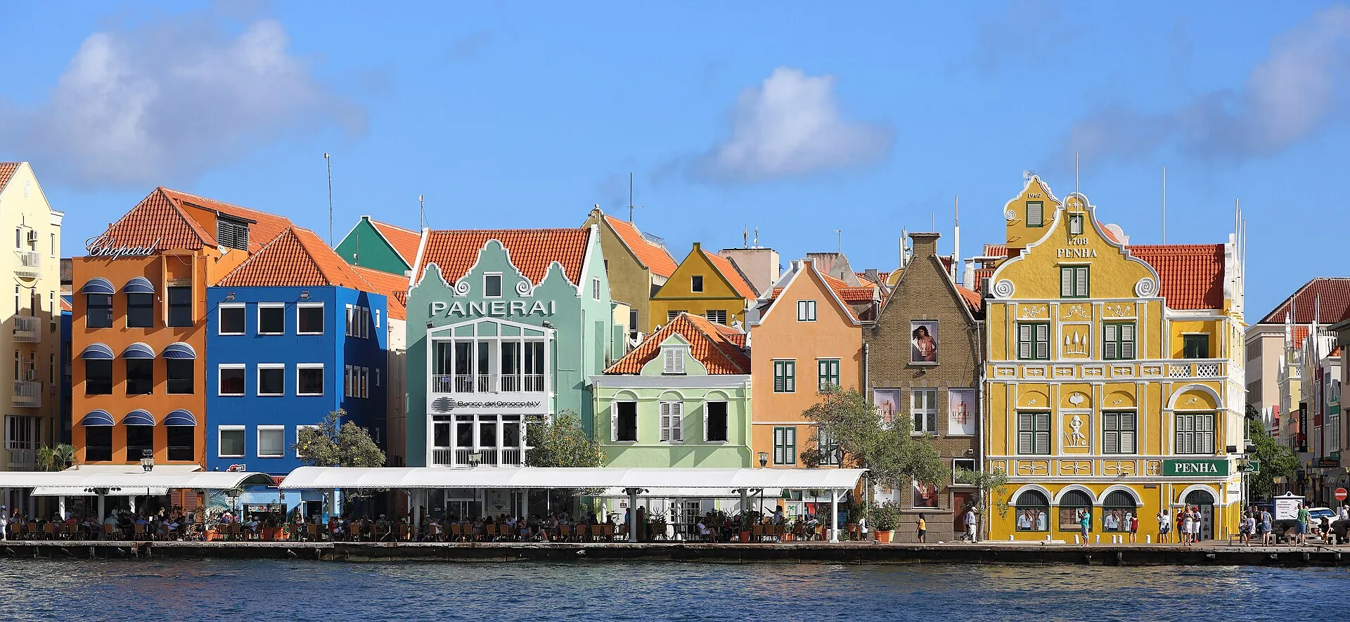 Kleurrijke gevels van de Handelskade in Willemstad aan de Sint Annabaai, gezien vanaf het water